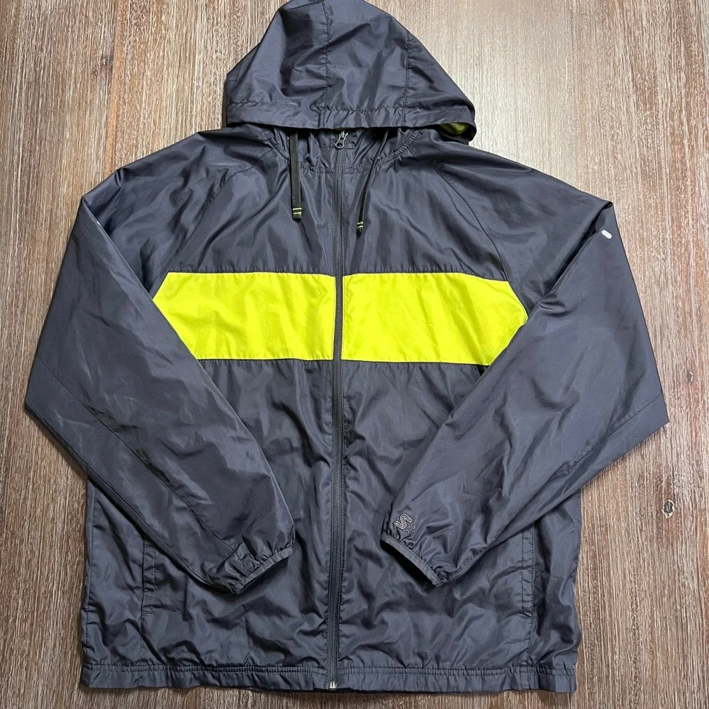 Starter Windbreaker Jacket Mens L Greystone 1/4‎ Zip Neon Yellow Hooded